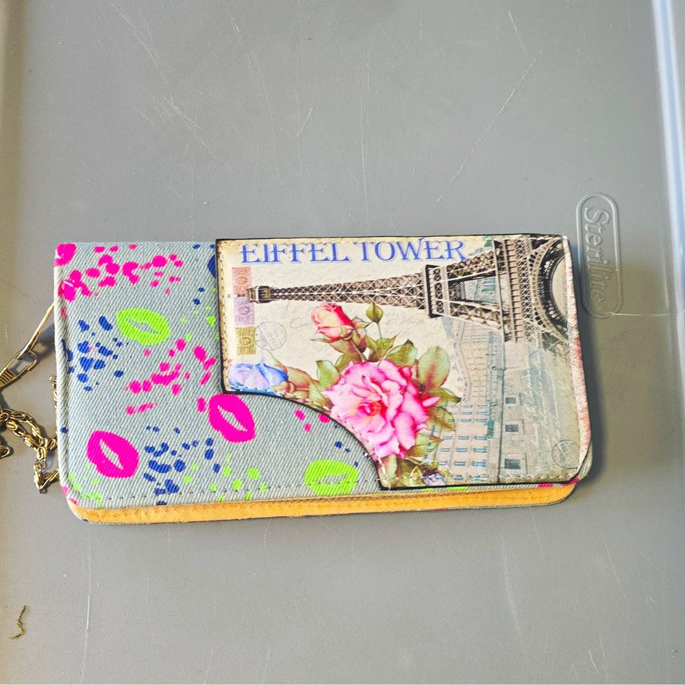 Women's Gray Multicolor Zip-Around Wallet w/ Credit Card, Eiffel Tower Floral